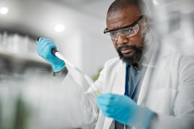 Scientist man, thinking or test tubes in laboratory pharma, medical science research or gmo food engineering. Worker, dropper or pipette and biology glass equipment in sustainability plants research.